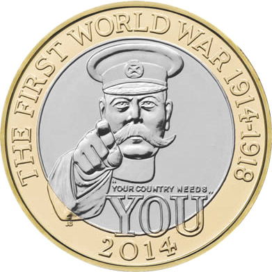 Image of 2 pounds coin - The 100th Anniversary of the FWW – Outbreak UK  | United Kingdom 2014.  The Bimetal: CuNi, nordic gold coin is of Proof, BU, UNC quality.