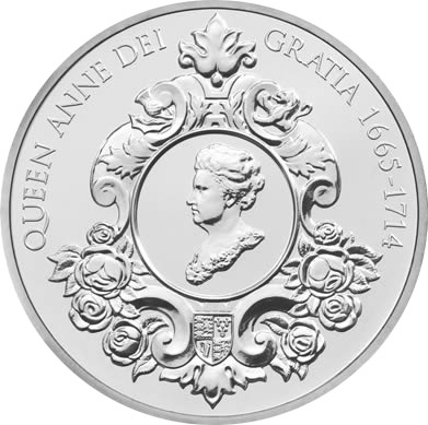 Image of 5 pounds coin - 300th Anniversary of Queen Anne | United Kingdom 2014.  The Copper–Nickel (CuNi) coin is of BU quality.