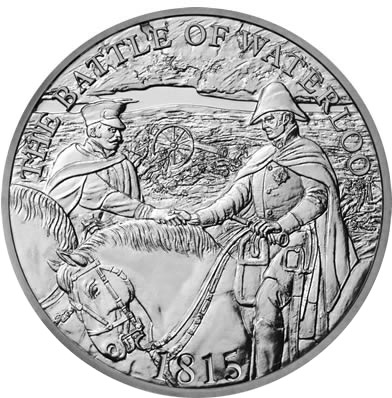 Image of 5 pounds coin - 200th Anniversary of Waterloo | United Kingdom 2015.  The Copper–Nickel (CuNi) coin is of BU quality.