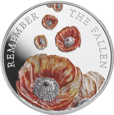 Image of 5 pounds coin - The Remembrance Day | United Kingdom 2014.  The Copper–Nickel (CuNi) coin is of BU quality.