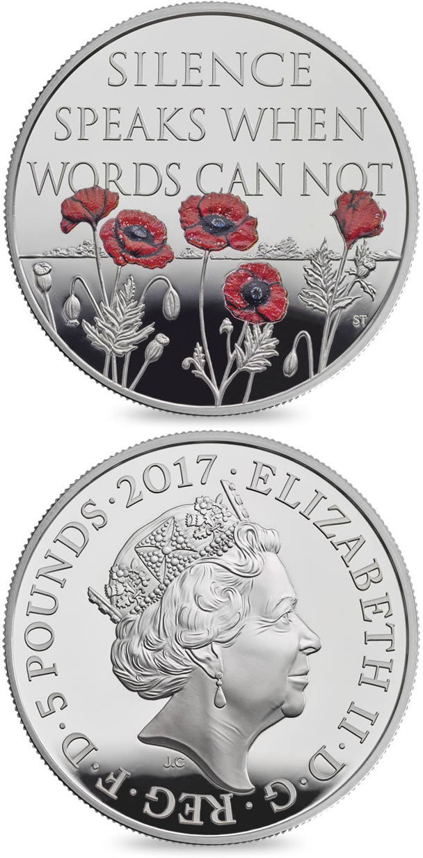 Image of 5 pounds coin - The Remembrance Day 2017  | United Kingdom 2017.  The Copper–Nickel (CuNi) coin is of BU quality.