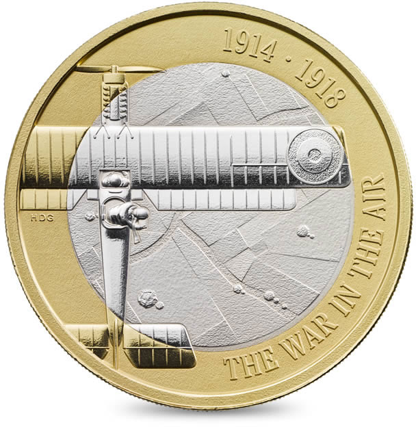 Image of 2 pounds coin - 100th Anniversary of the First World War Aviation | United Kingdom 2017.  The Bimetal: CuNi, nordic gold coin is of Proof, BU, UNC quality.