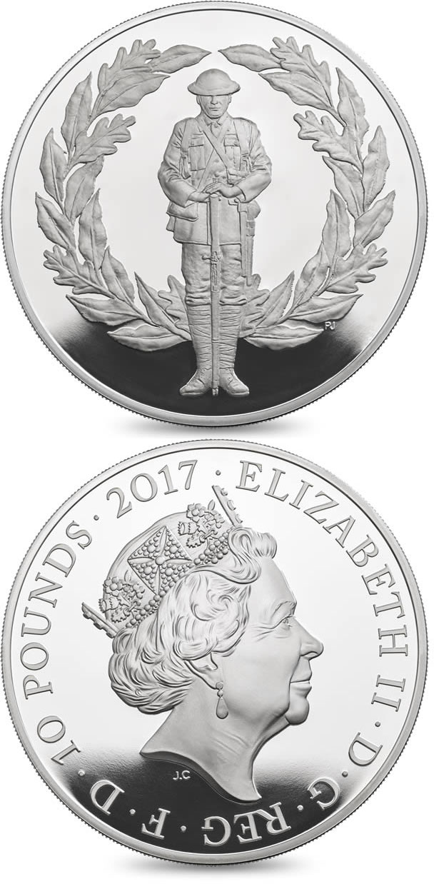 Image of 10 pounds coin - The 100th Anniversary of the First World War | United Kingdom 2017.  The Silver coin is of Proof quality.
