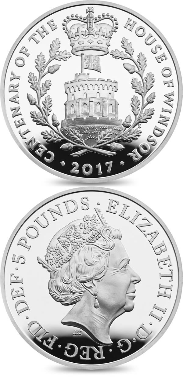 Image of 5 pounds coin - House Of Windsor Centenary | United Kingdom 2017.  The Copper–Nickel (CuNi) coin is of BU quality.