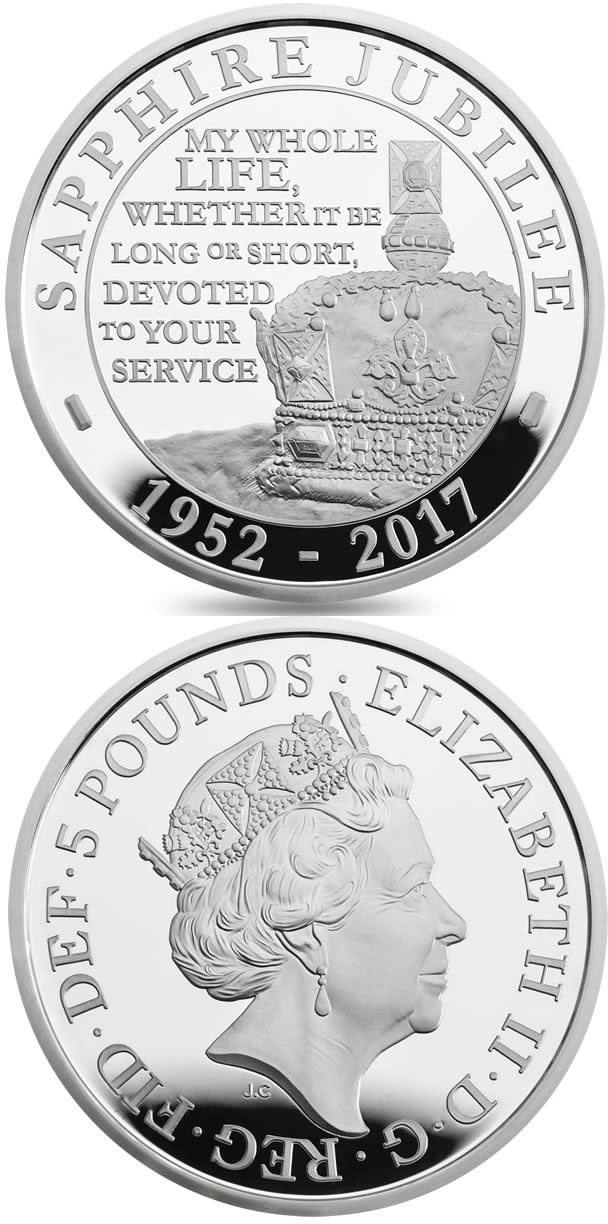 Image of 5 pounds coin - The Queen's Sapphire Jubilee  | United Kingdom 2017.  The Copper–Nickel (CuNi) coin is of BU quality.