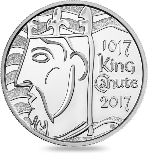 Image of 5 pounds coin - The 1000th Coronation of King Canute | United Kingdom 2017.  The Copper–Nickel (CuNi) coin is of BU quality.