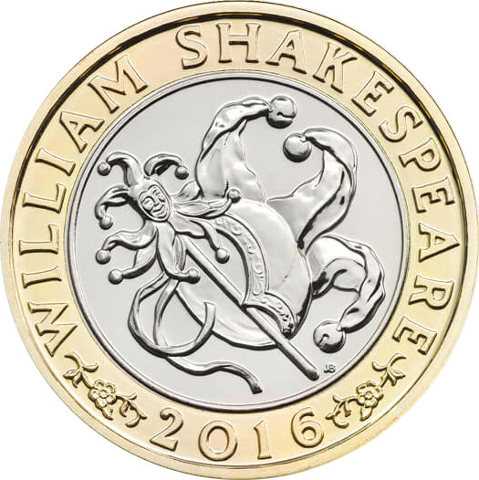 Image of 2 pounds coin - William Shakespeare - Comedy  | United Kingdom 2016.  The Bimetal: CuNi, nordic gold coin is of Proof, BU, UNC quality.