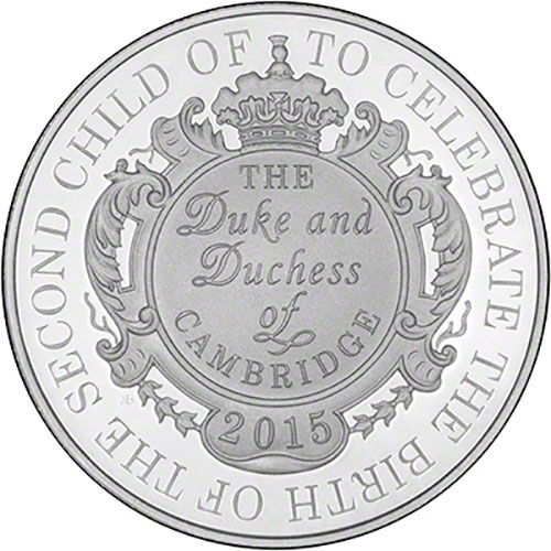 Image of 5 pounds coin - The Royal Birth of HRH Princess Charlotte of Cambridge | United Kingdom 2015.  The Copper–Nickel (CuNi) coin is of BU quality.