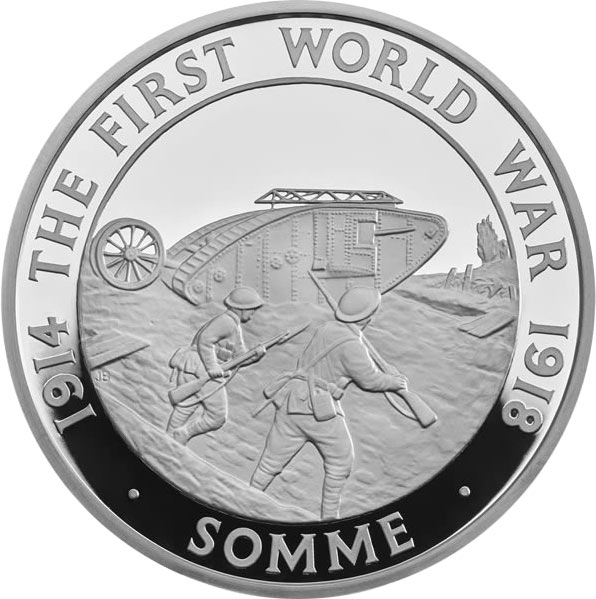 Image of 5 pounds coin - 100th Anniversary of The Battle of Somme | United Kingdom 2016.  The Silver coin is of Proof quality.