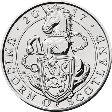 Image of 5 pounds coin - The Unicorn of Scotland | United Kingdom 2017.  The Silver coin is of BU quality.
