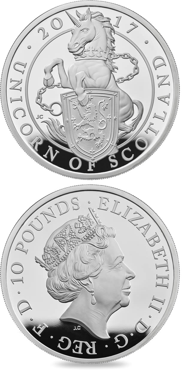 Image of 10 pounds coin - The Unicorn of Scotland | United Kingdom 2017.  The Silver coin is of Proof quality.