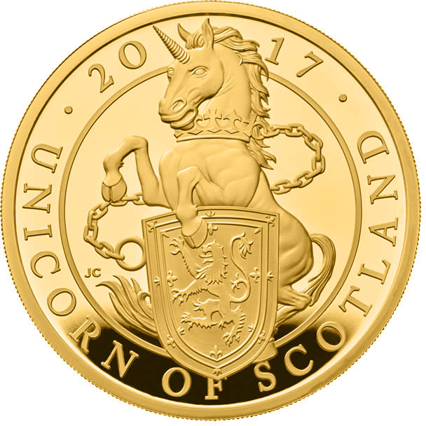 Image of 100 pounds coin - The Unicorn of Scotland | United Kingdom 2017.  The Gold coin is of Proof quality.