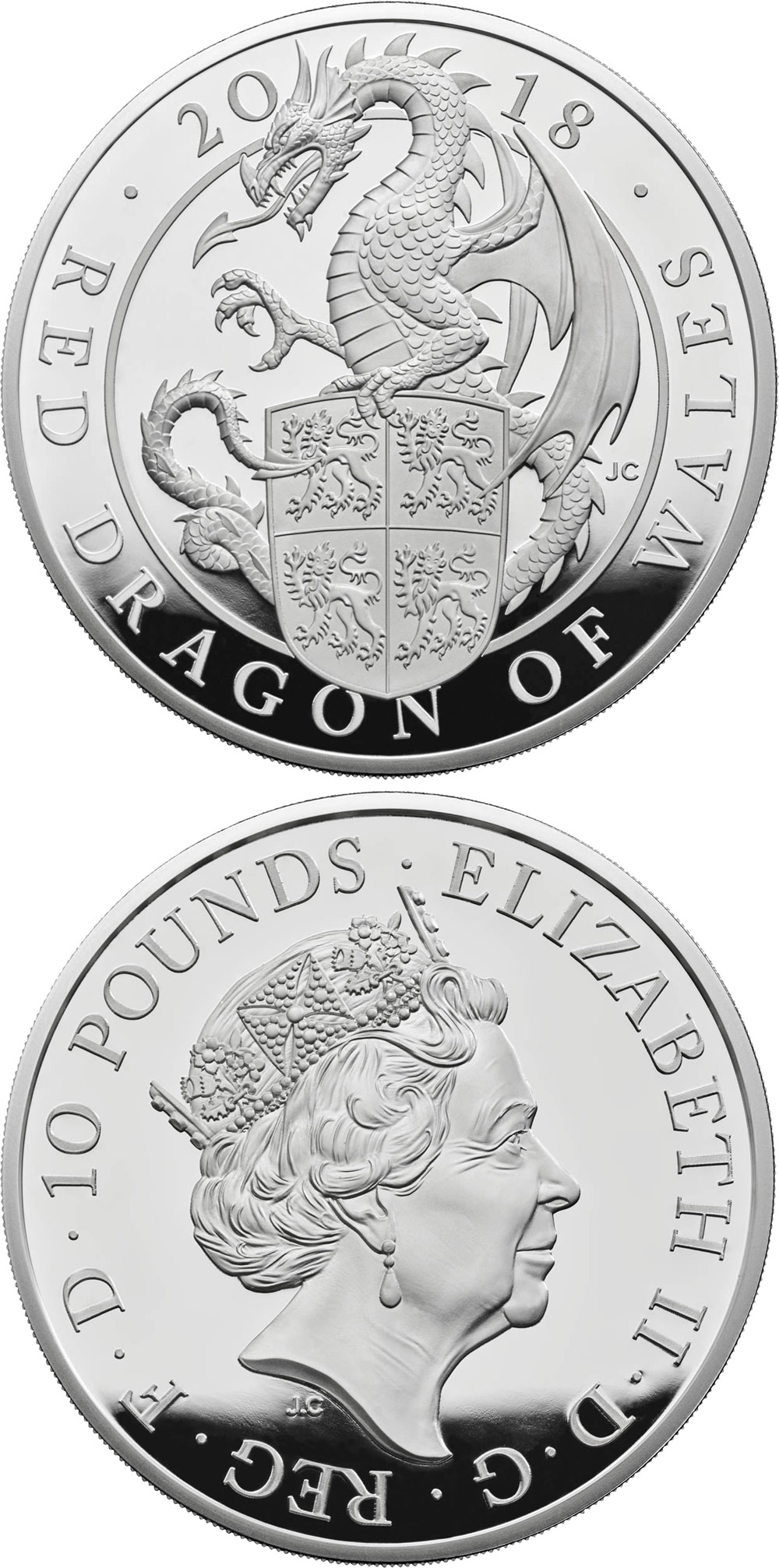 Image of 10 pounds coin - The Red Dragon of Wales | United Kingdom 2018.  The Silver coin is of Proof quality.