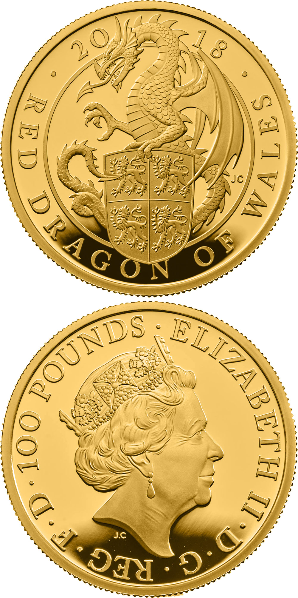 Image of 100 pounds coin - The Red Dragon of Wales | United Kingdom 2018.  The Gold coin is of Proof quality.