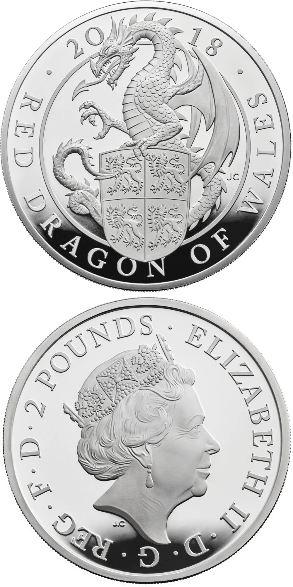 Image of 2 pounds coin - The Red Dragon of Wales | United Kingdom 2018.  The Silver coin is of Proof quality.