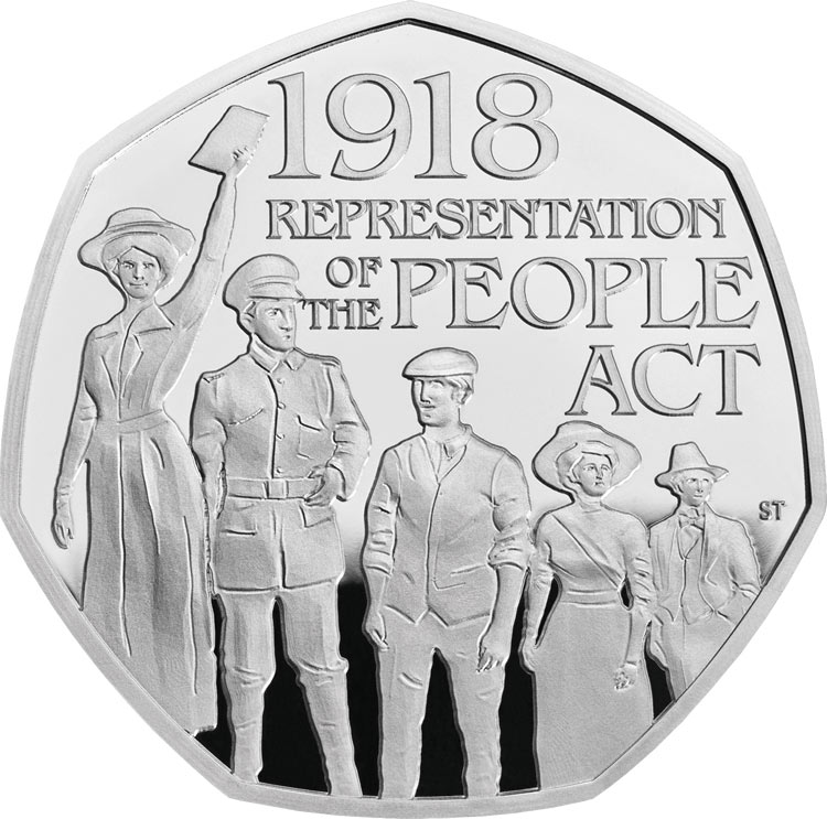Image of 50 pence coin - 100th Anniversary of the Representation of the People Act | United Kingdom 2018.  The Copper–Nickel (CuNi) coin is of Proof, BU quality.