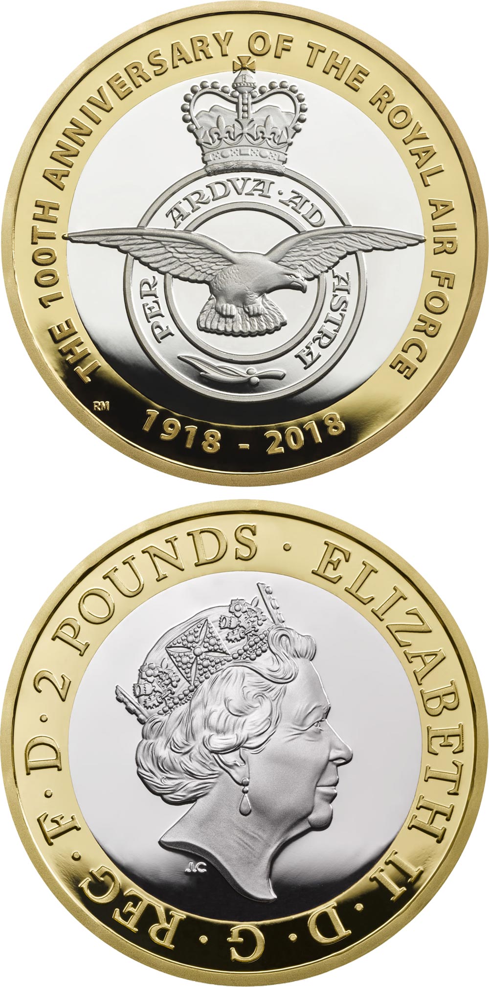 Image of 2 pounds coin - RAF Centenary | United Kingdom 2018.  The Bimetal: CuNi, nordic gold coin is of Proof, BU quality.