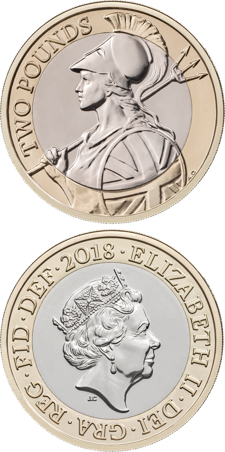 Image of 2 pounds coin - Antony Dufort’s Britannia | United Kingdom 2018.  The Bimetal: CuNi, nordic gold coin is of BU quality.