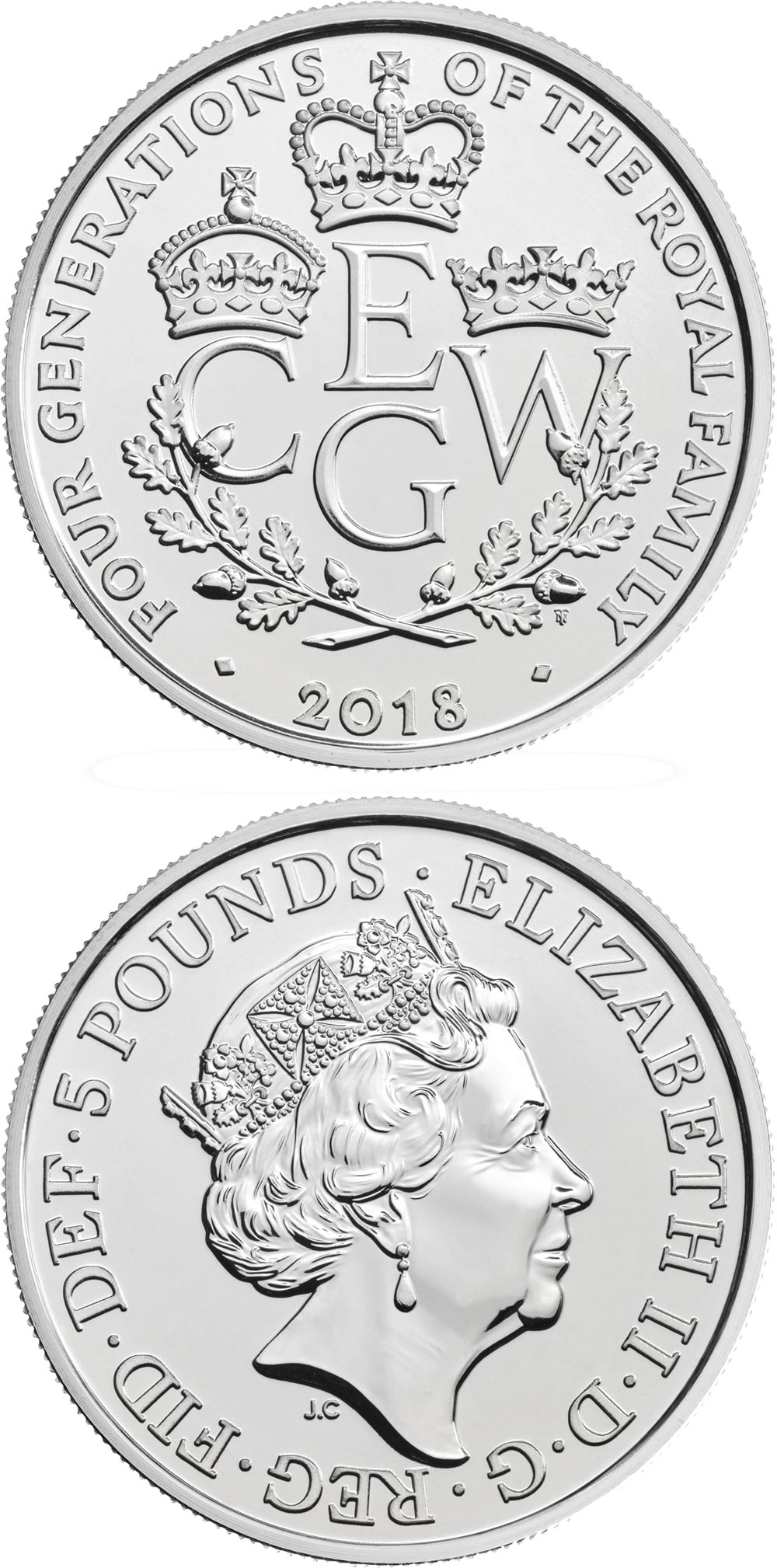Image of 5 pounds coin - The Four Generations of Royalty | United Kingdom 2018.  The Copper–Nickel (CuNi) coin is of BU quality.