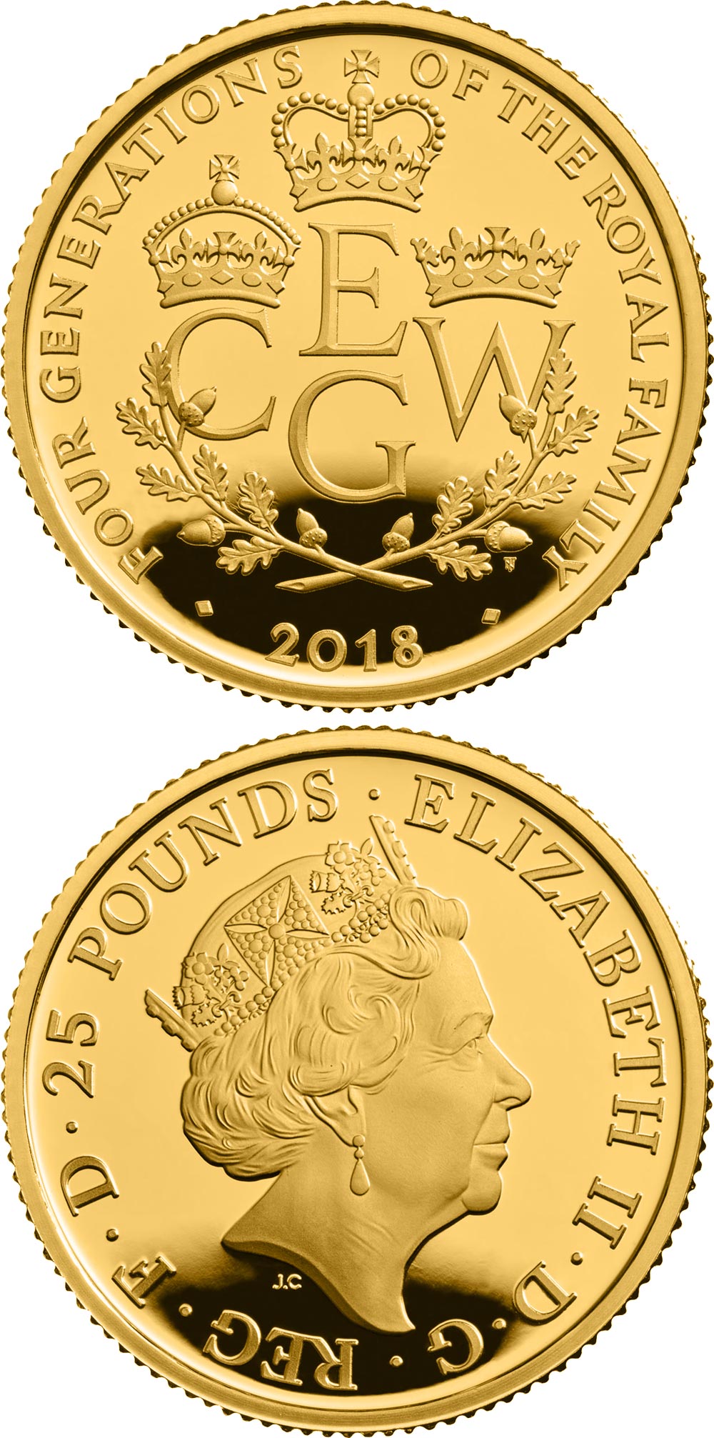 Image of 25 pounds coin - The Four Generations of Royalty | United Kingdom 2018.  The Gold coin is of Proof quality.