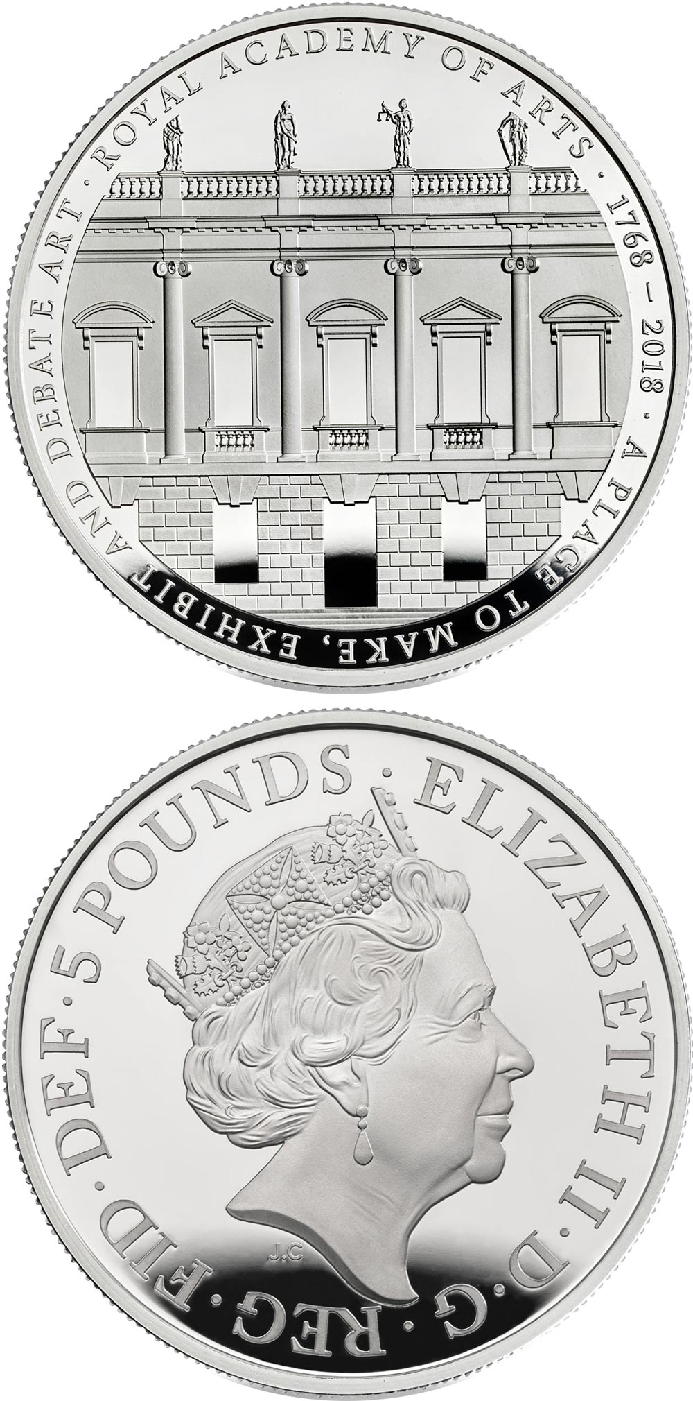 Image of 5 pounds coin - 250th Anniversary of Royal Academy | United Kingdom 2018.  The Silver coin is of Proof quality.