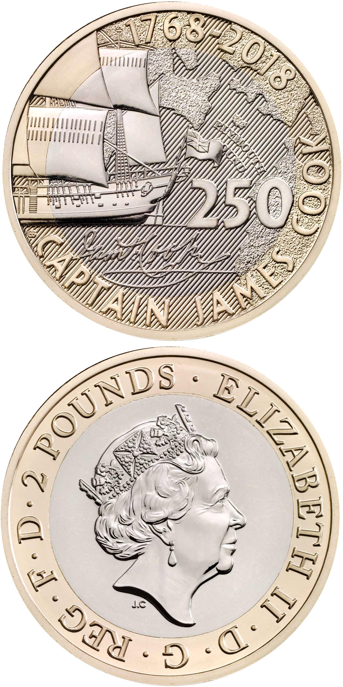 Image of 2 pounds coin - 250th Anniversary of Captain Cook’s Voyage | United Kingdom 2018.  The Bimetal: CuNi, nordic gold coin is of Proof, BU quality.