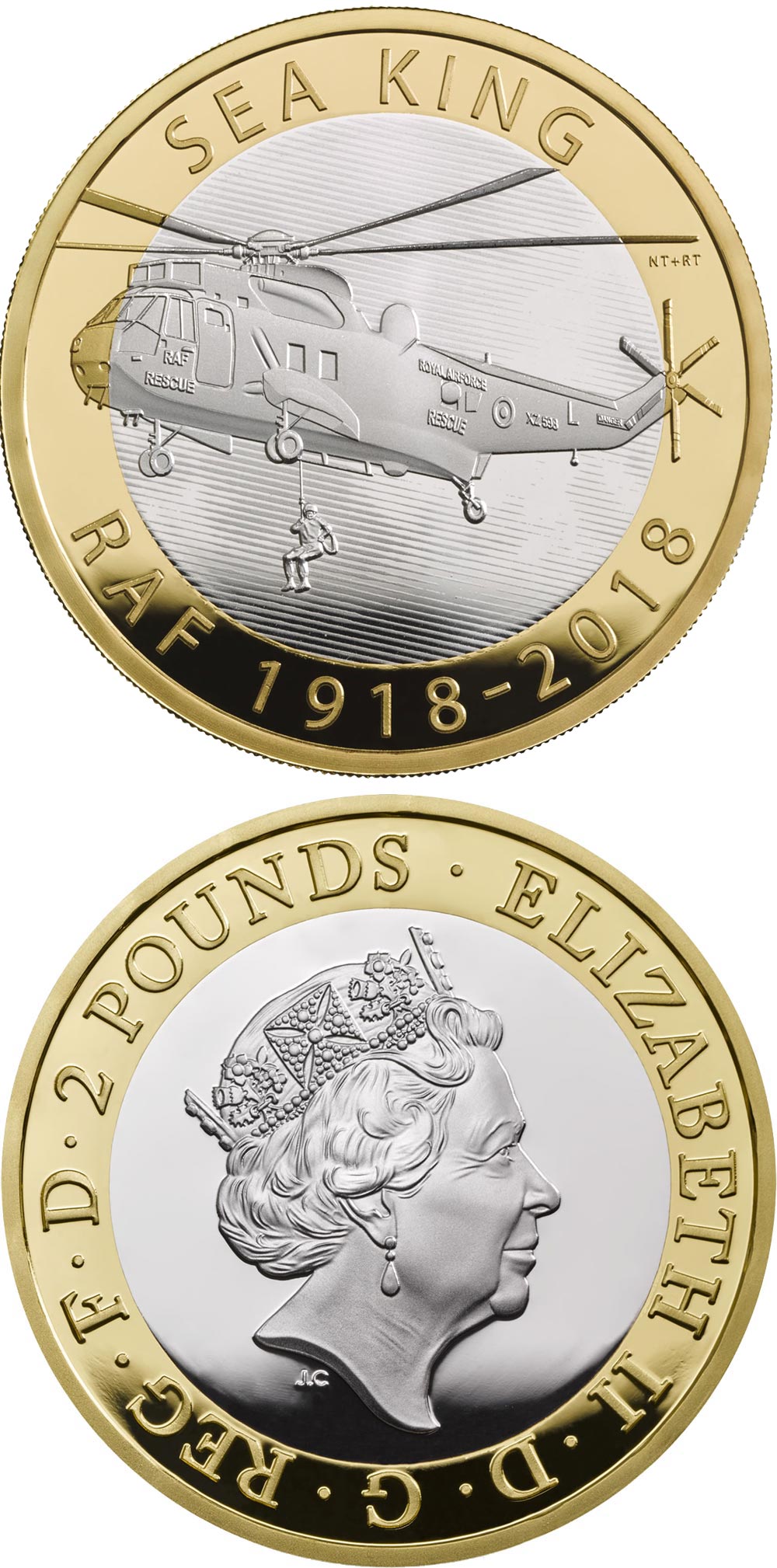 Image of 2 pounds coin - RAF Centenary Sea King | United Kingdom 2018.  The Bimetal: CuNi, nordic gold coin is of Proof, BU quality.