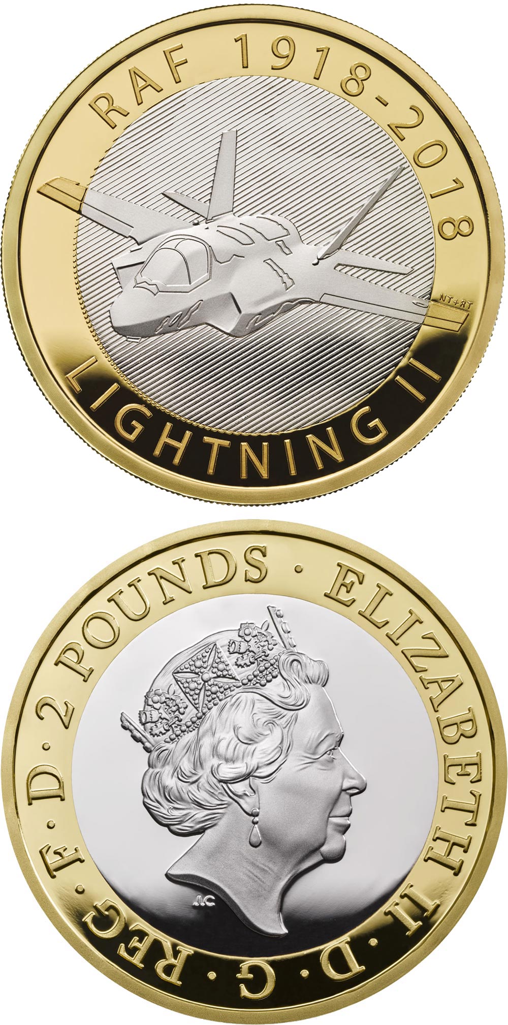 Image of 2 pounds coin - RAF Centenary Lightning II | United Kingdom 2018.  The Bimetal: CuNi, nordic gold coin is of Proof, BU quality.