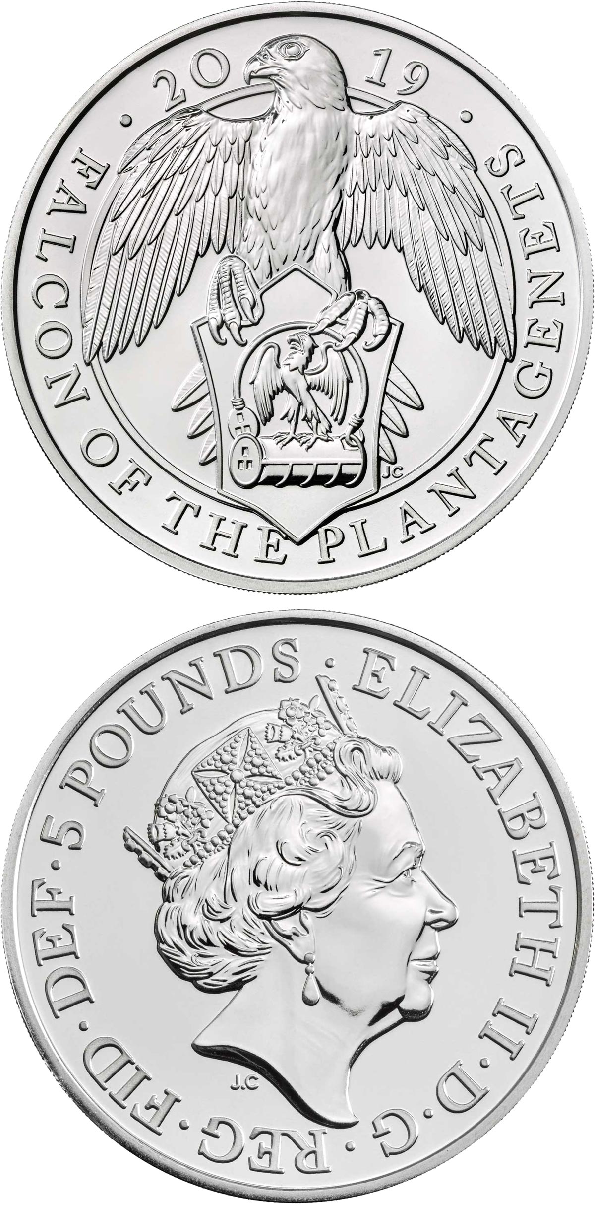 Image of 5 pounds coin - The Falcon of the Plantagenets | United Kingdom 2019.  The Copper–Nickel (CuNi) coin is of BU quality.