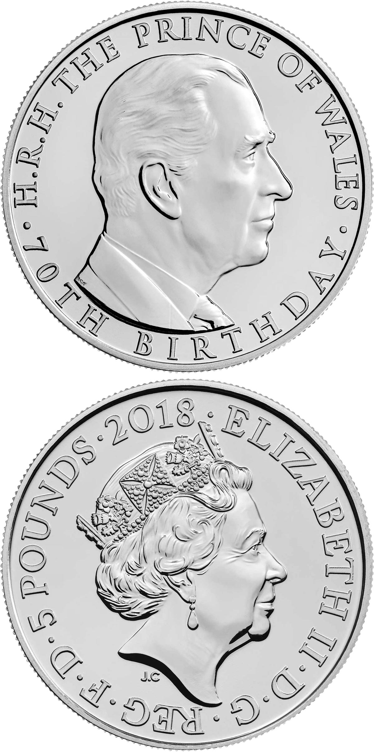 Image of 5 pounds coin - The 70th Birthday of the Prince of Wales | United Kingdom 2018.  The Copper–Nickel (CuNi) coin is of Proof, BU quality.