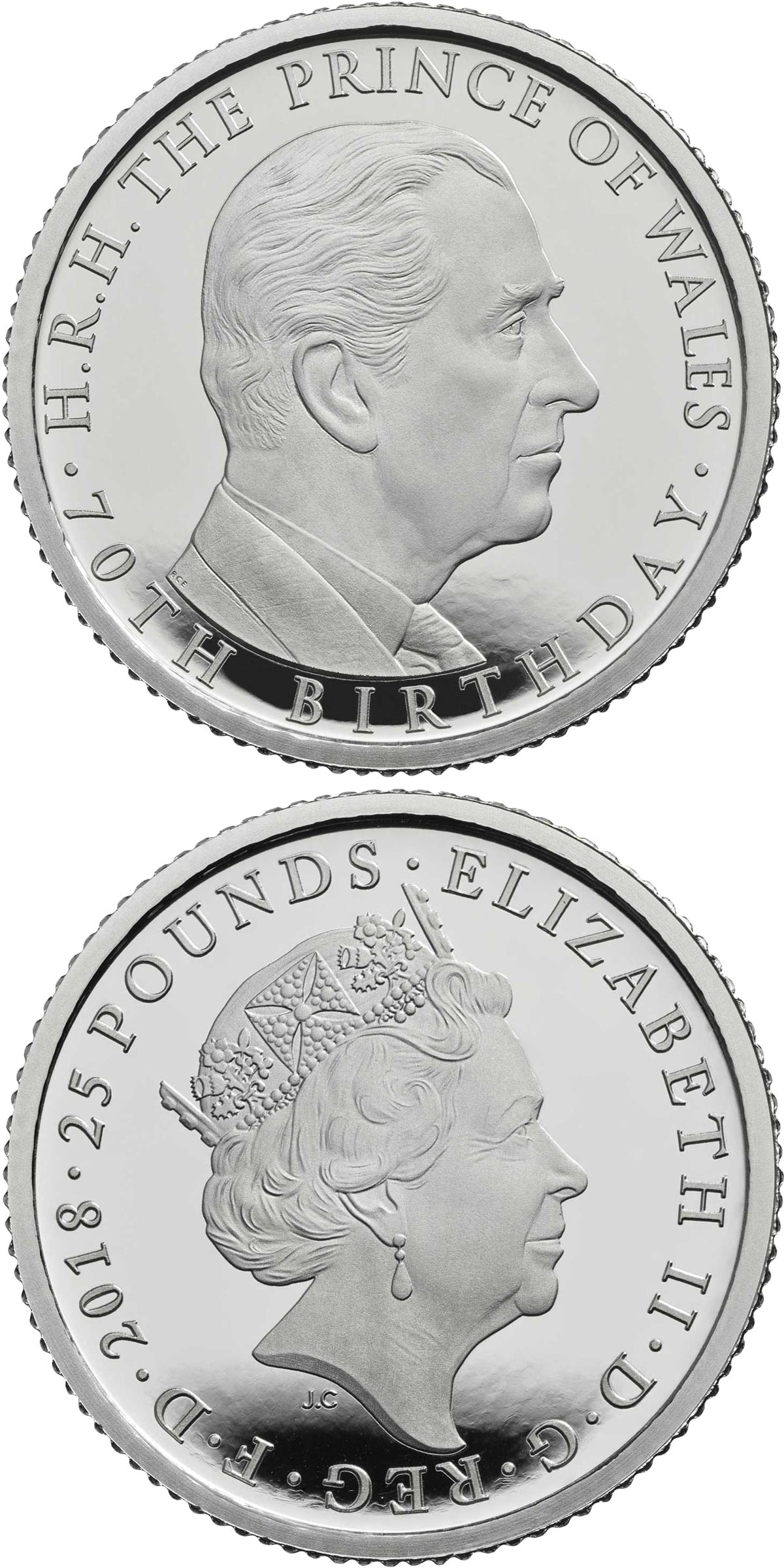 Image of 25 pounds coin - The 70th Birthday of the Prince of Wales | United Kingdom 2018.  The Platinum coin is of Proof quality.