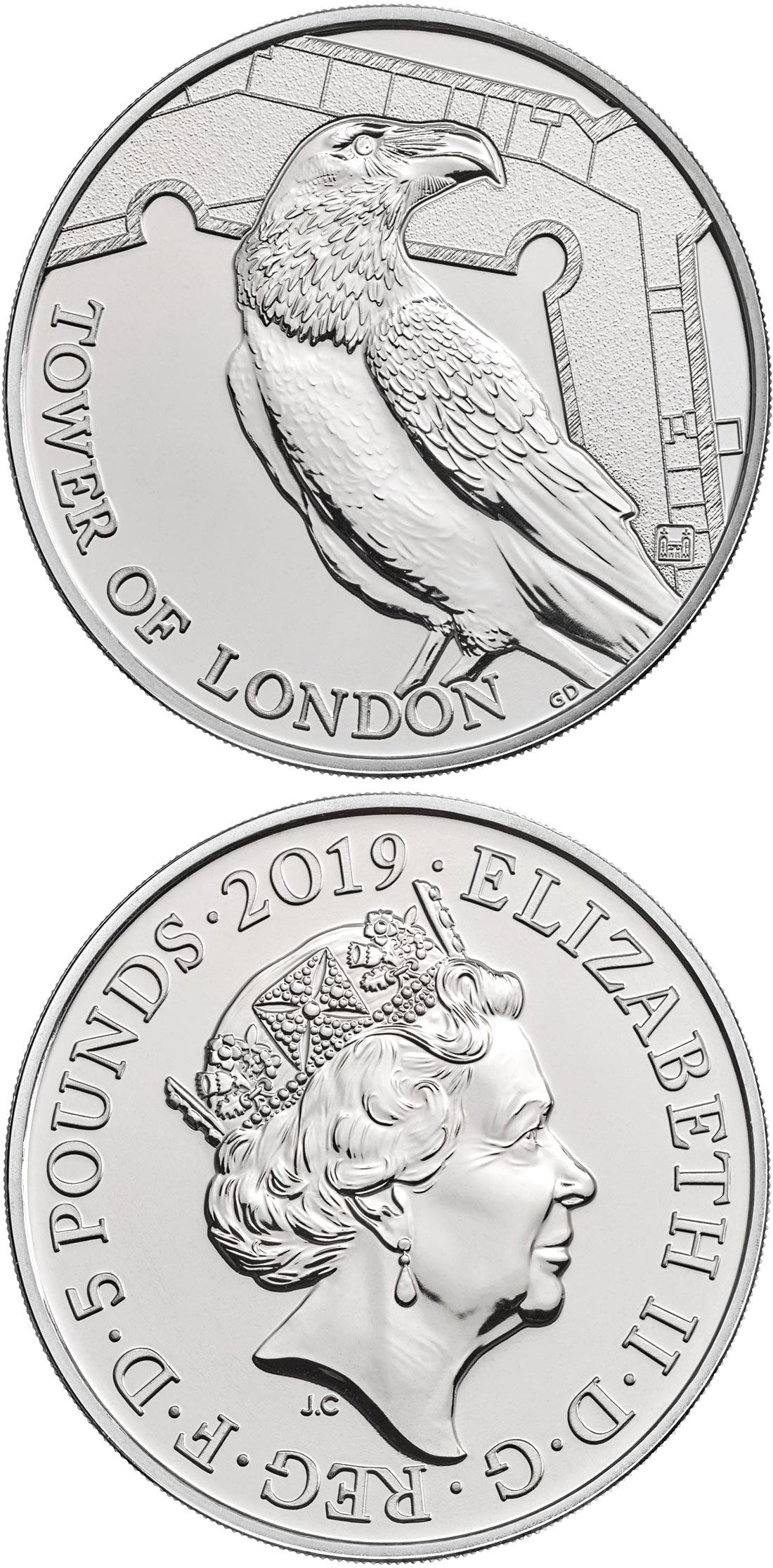 Image of 5 pounds coin - Legend of the Ravens | United Kingdom 2019.  The Copper–Nickel (CuNi) coin is of BU quality.