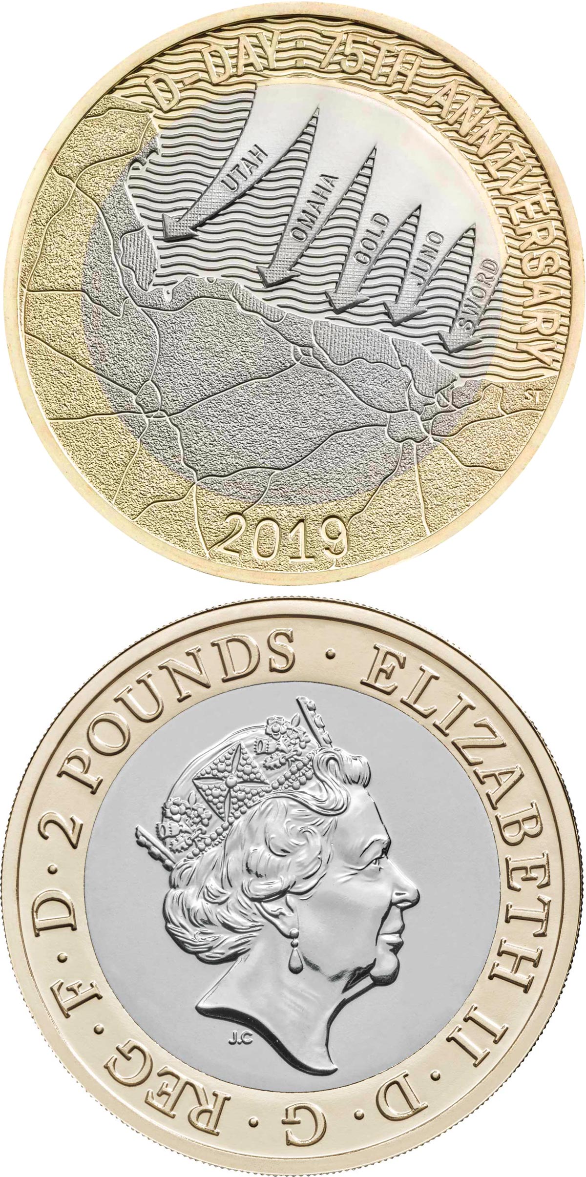 Image of 2 pounds coin - 75th anniversary of D-Day | United Kingdom 2019.  The Bimetal: CuNi, nordic gold coin is of Proof, BU quality.