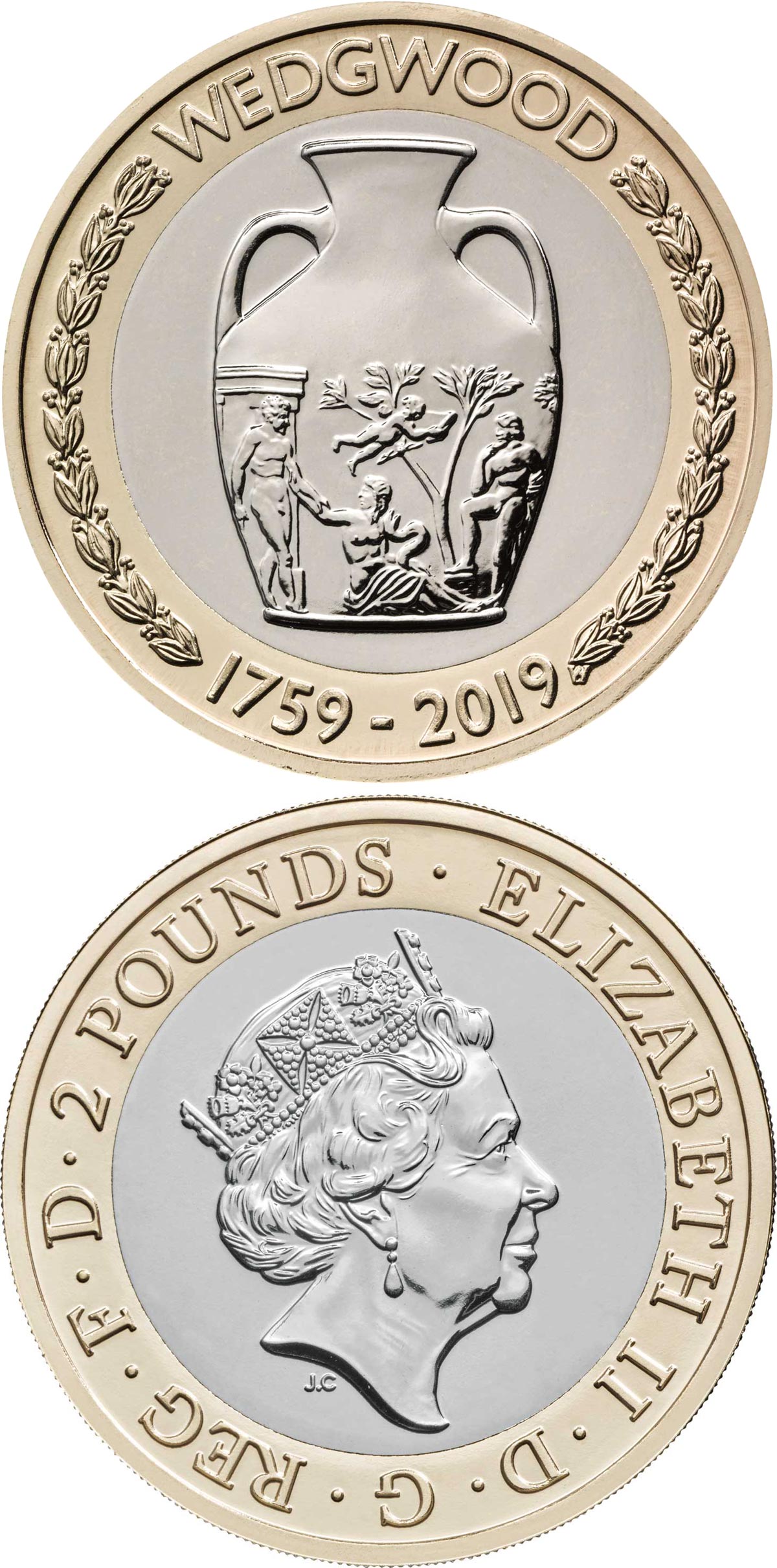Image of 2 pounds coin - 260th anniversary of the foundation of Wedgwood | United Kingdom 2019.  The Bimetal: CuNi, nordic gold coin is of Proof, BU quality.