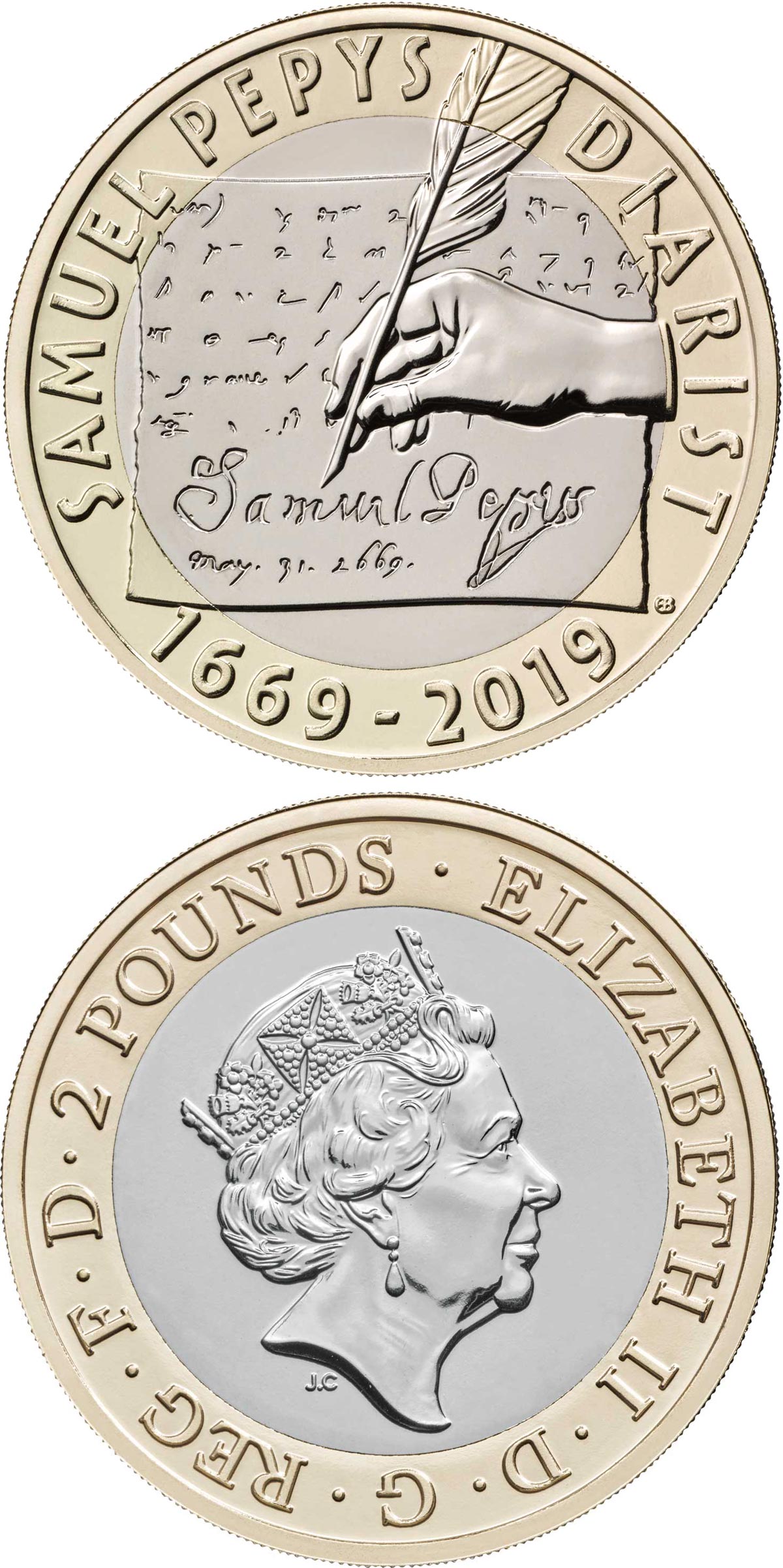 Image of 2 pounds coin - 350 years since the final entry of Samuel Pepys' famed diary | United Kingdom 2019.  The Bimetal: CuNi, nordic gold coin is of Proof, BU quality.