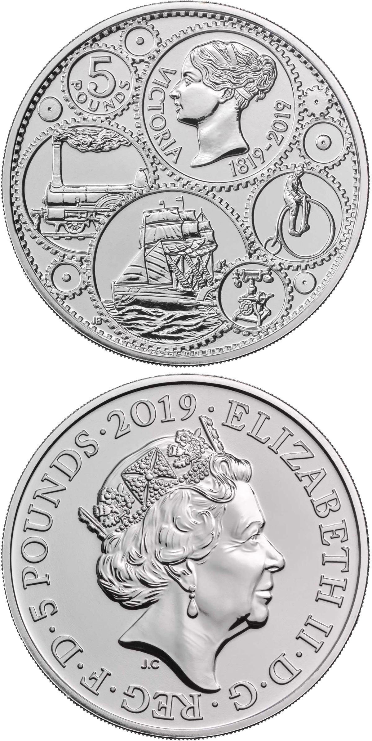 Image of 5 pounds coin - 200th anniversary of the birth of Queen Victoria | United Kingdom 2019.  The Copper–Nickel (CuNi) coin is of BU quality.