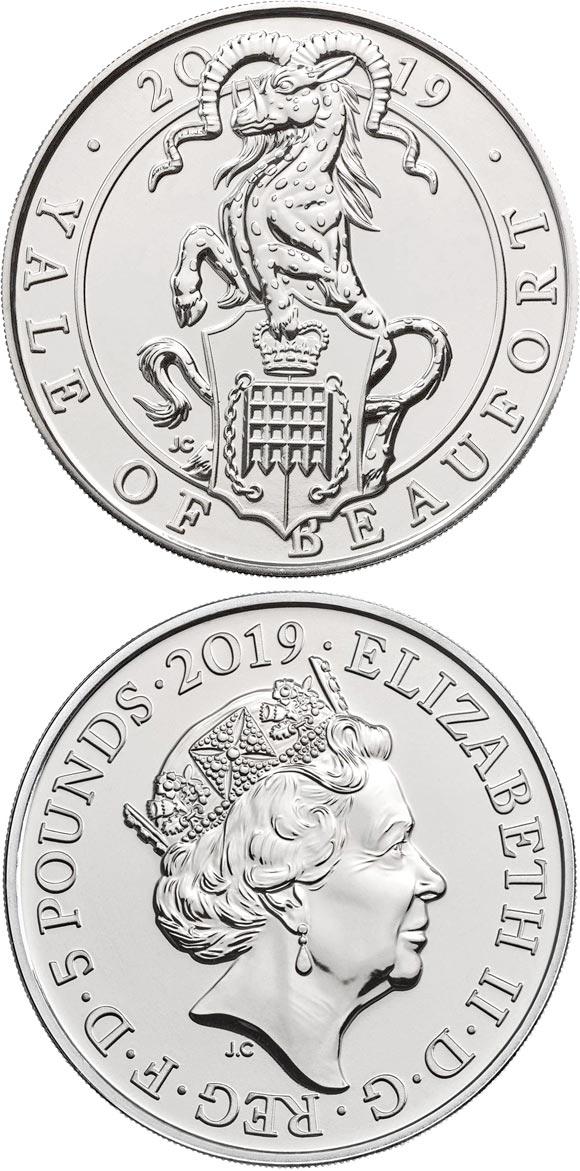 Image of 5 pounds coin - The Yale of Beaufort | United Kingdom 2019.  The Copper–Nickel (CuNi) coin is of BU quality.