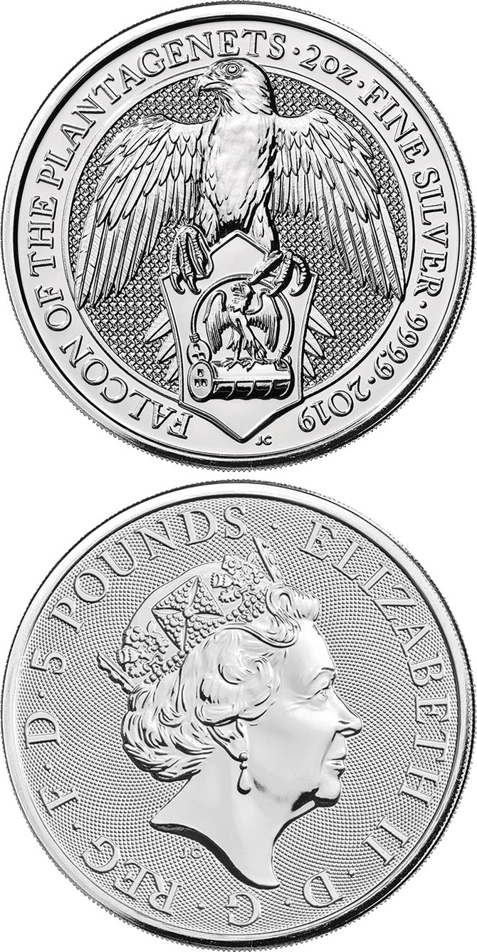 Image of 5 pounds coin - Falcon | United Kingdom 2020.  The Silver coin is of Proof quality.