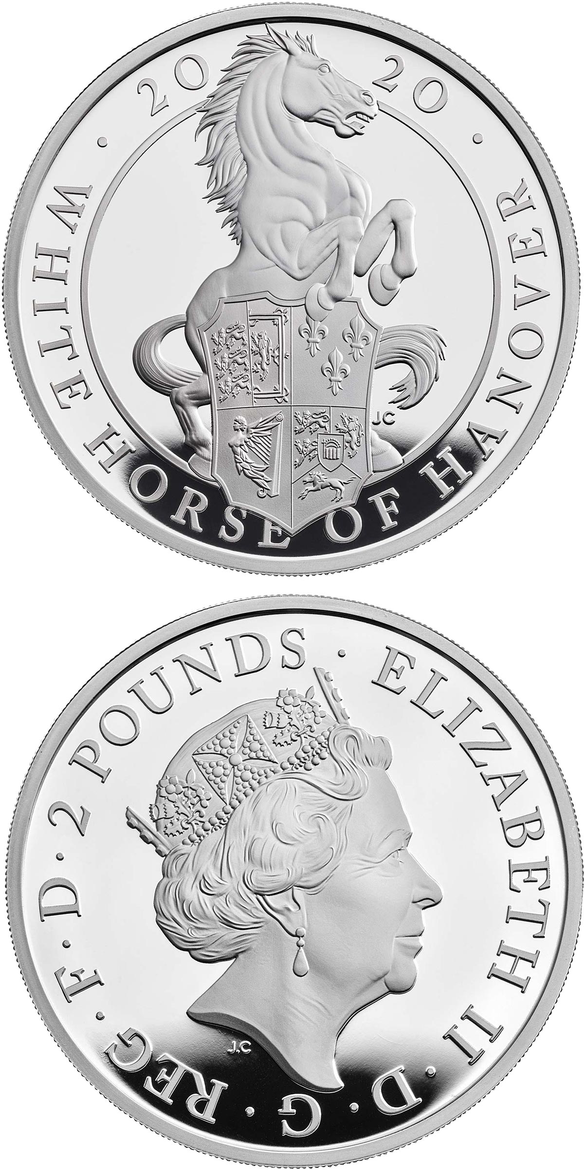 Image of 2 pounds coin - The White Horse of Hanover  | United Kingdom 2020.  The Silver coin is of Proof quality.