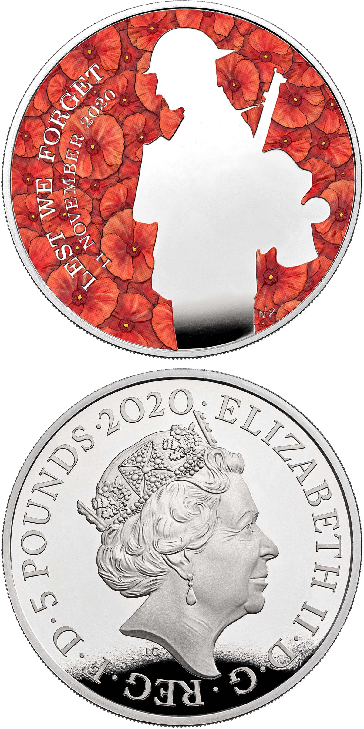 Image of 5 pounds coin - The Remembrance Day - 100 years since the burial of the Unknown Warrior | United Kingdom 2020.  The Copper–Nickel (CuNi) coin is of BU quality.