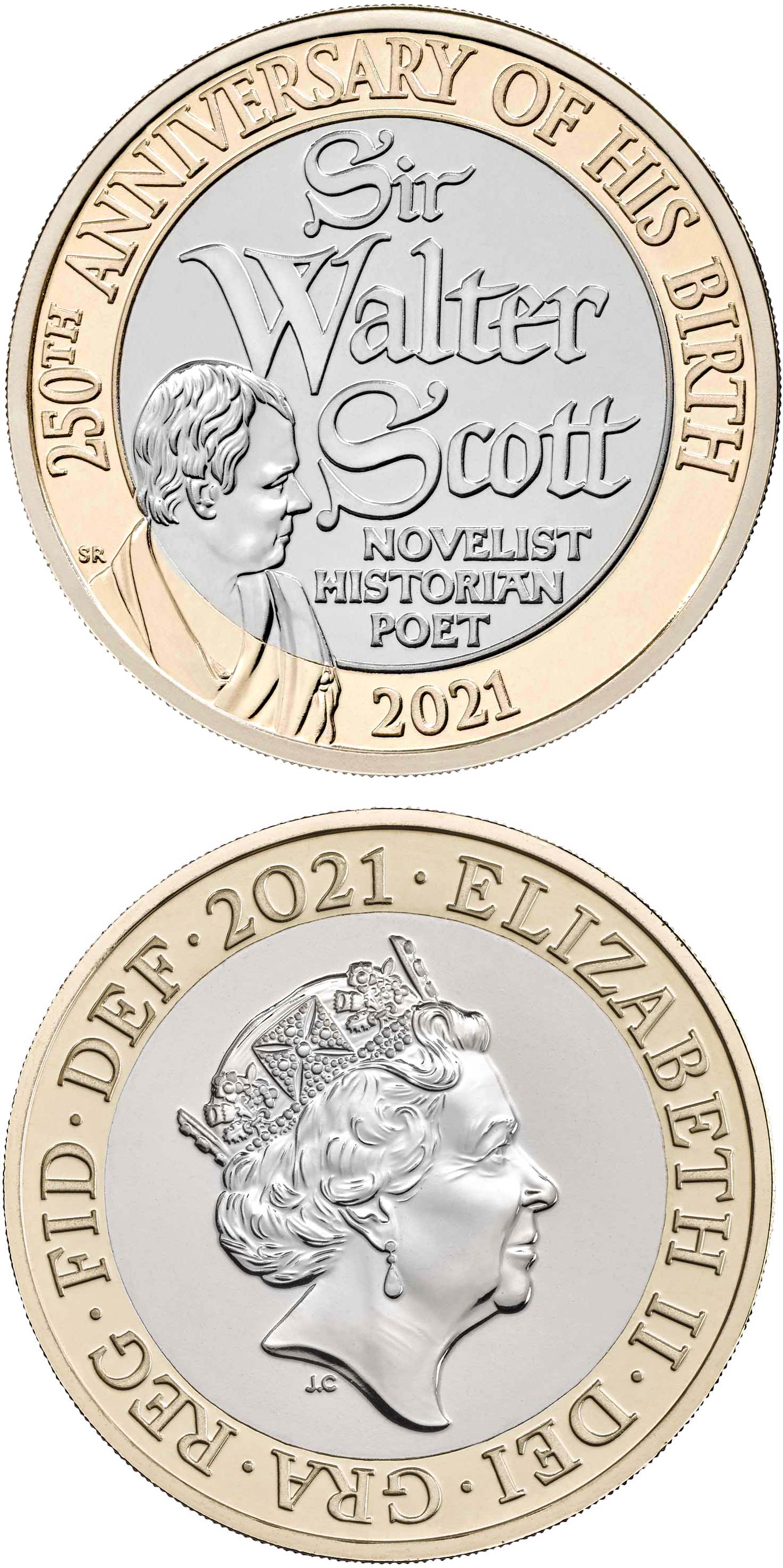 Image of 2 pounds coin - Sir Walter Scott | United Kingdom 2021.  The Bimetal: CuNi, nordic gold coin is of Proof, BU, UNC quality.