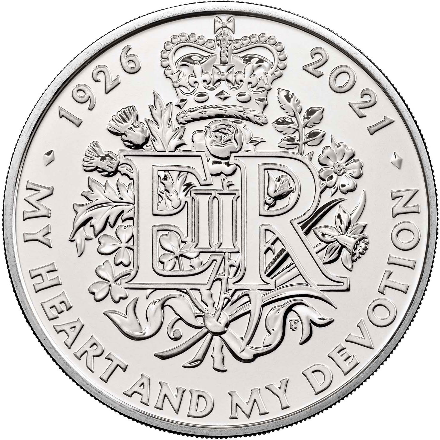 Image of 5 pounds coin - The Queen's 95th Birthday | United Kingdom 2021.  The Copper–Nickel (CuNi) coin is of BU quality.