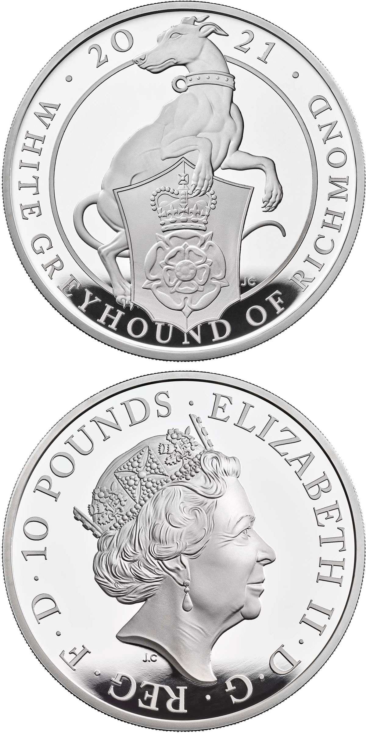 Image of 10 pounds coin - The White Greyhound of Richmond | United Kingdom 2021.  The Silver coin is of Proof quality.