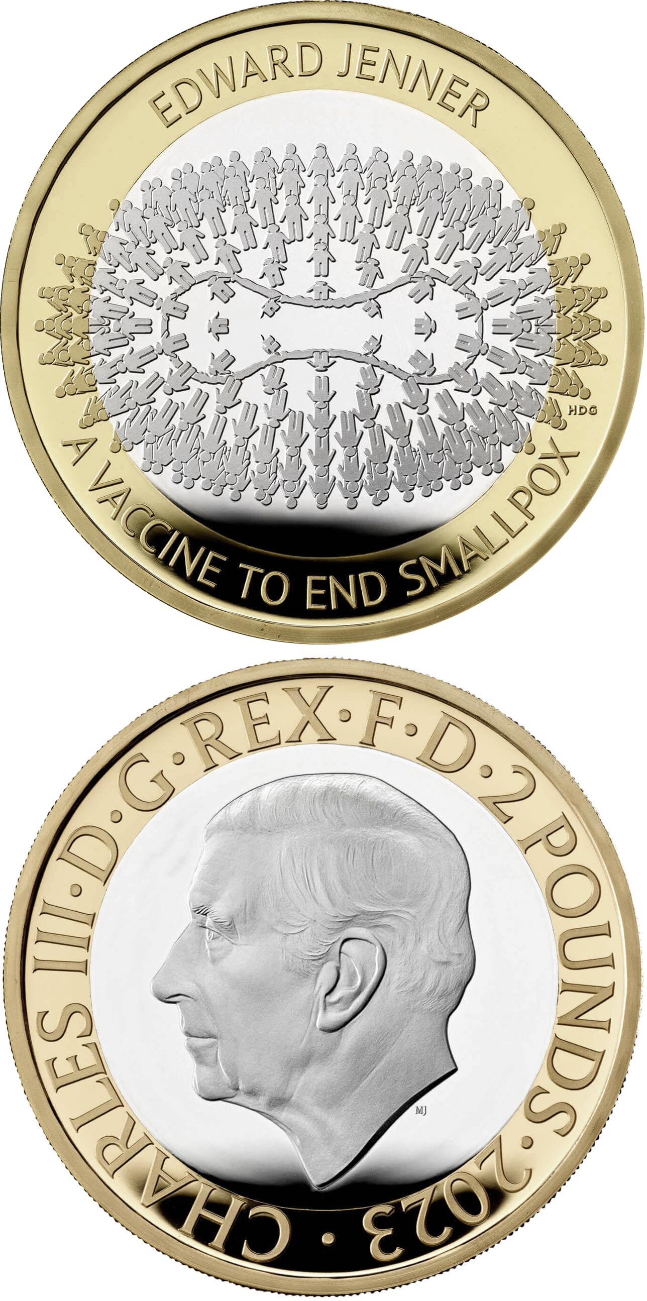 Image of 2 pounds coin - Edward Jenner | United Kingdom 2023.  The Bimetal: CuNi, nordic gold coin is of Proof, BU, UNC quality.