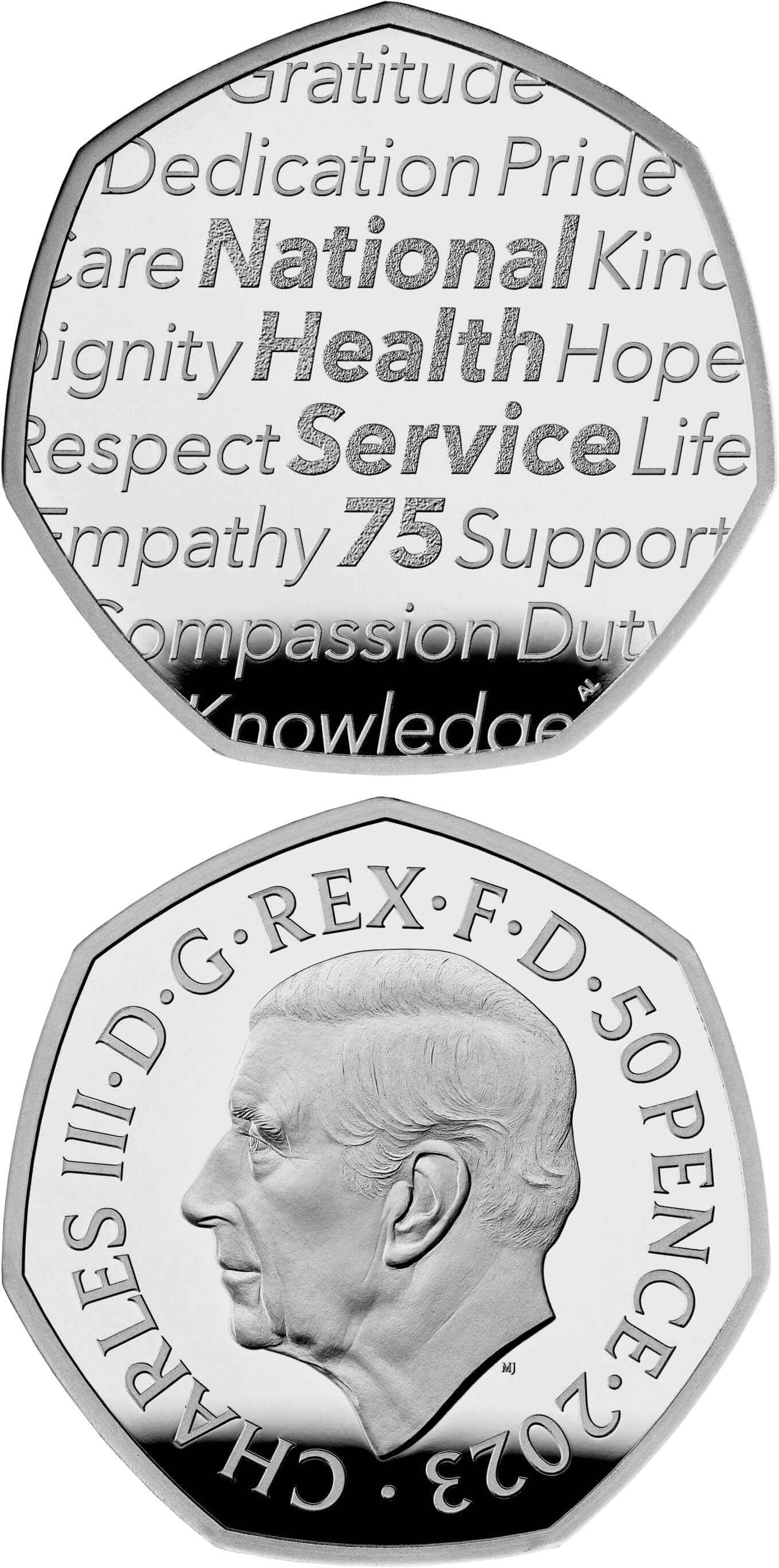 Image of 50 pence coin - 75th anniversary of the National Health Service | United Kingdom 2023.  The Copper–Nickel (CuNi) coin is of UNC quality.
