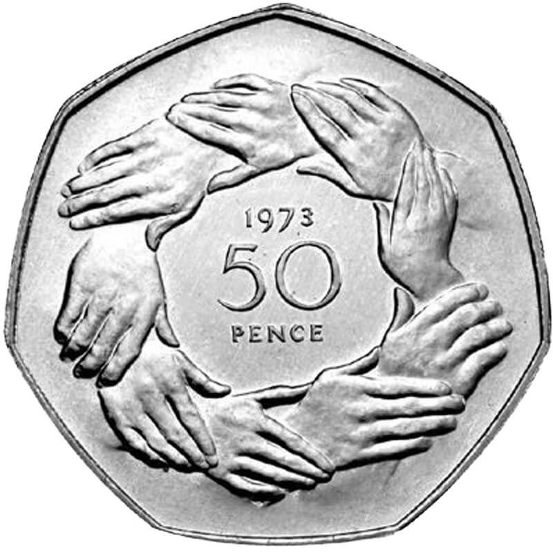 Image of 50 pence coin - United Kingdom'saccession to the European Economic Community | United Kingdom 1973.  The Copper–Nickel (CuNi) coin is of UNC quality.