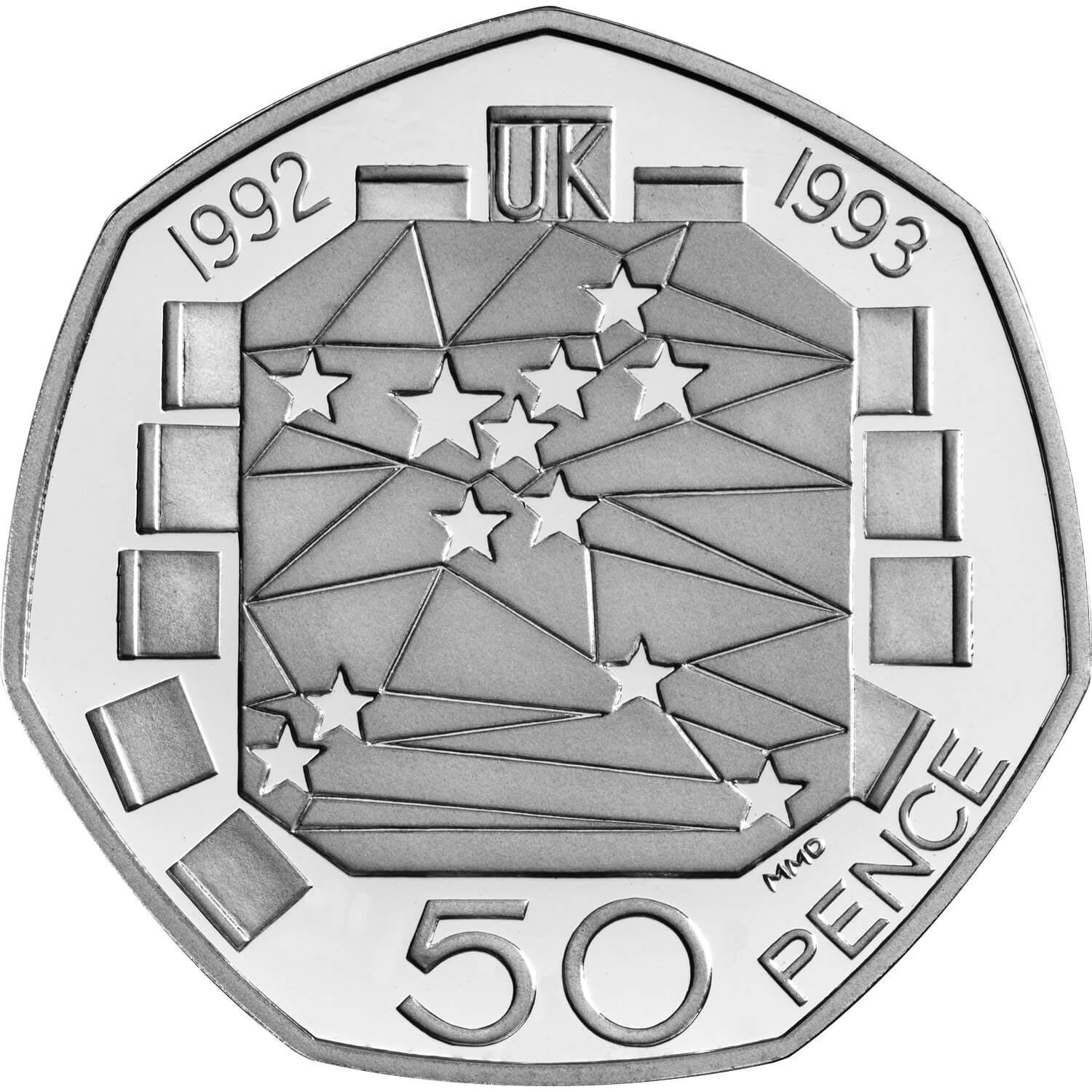 Image of 50 pence coin - United Kingdom's Presidency of the Council of Ministers and the completion of the Single European Market | United Kingdom 1992.  The Copper–Nickel (CuNi) coin is of UNC quality.