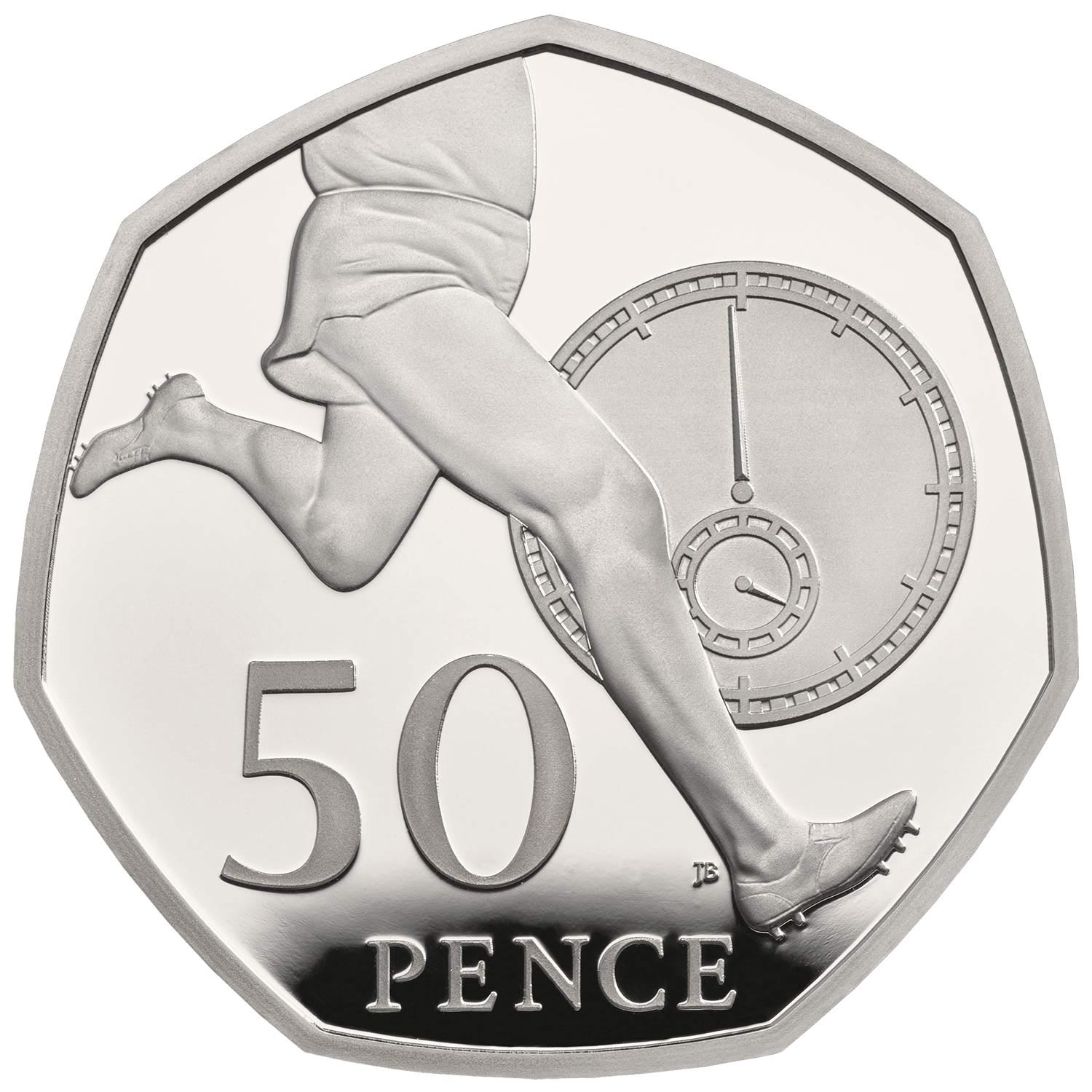 Image of 50 pence coin - 50th Anniversary of the first four-minute mile by Roger Bannister | United Kingdom 2004.  The Copper–Nickel (CuNi) coin is of UNC quality.