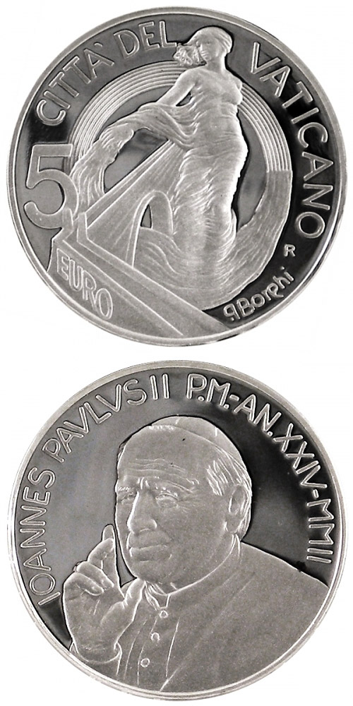 Image of 5 euro coin - Europe, a Project of Peace and Unity  | Vatican City 2002.  The Silver coin is of Proof quality.