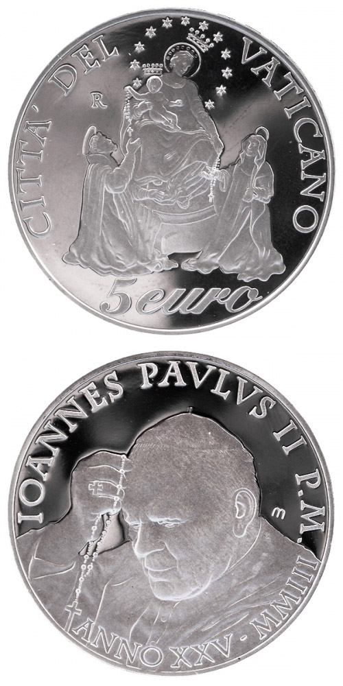 Image of 5 euro coin - Year of the Rosary  | Vatican City 2003.  The Silver coin is of Proof quality.
